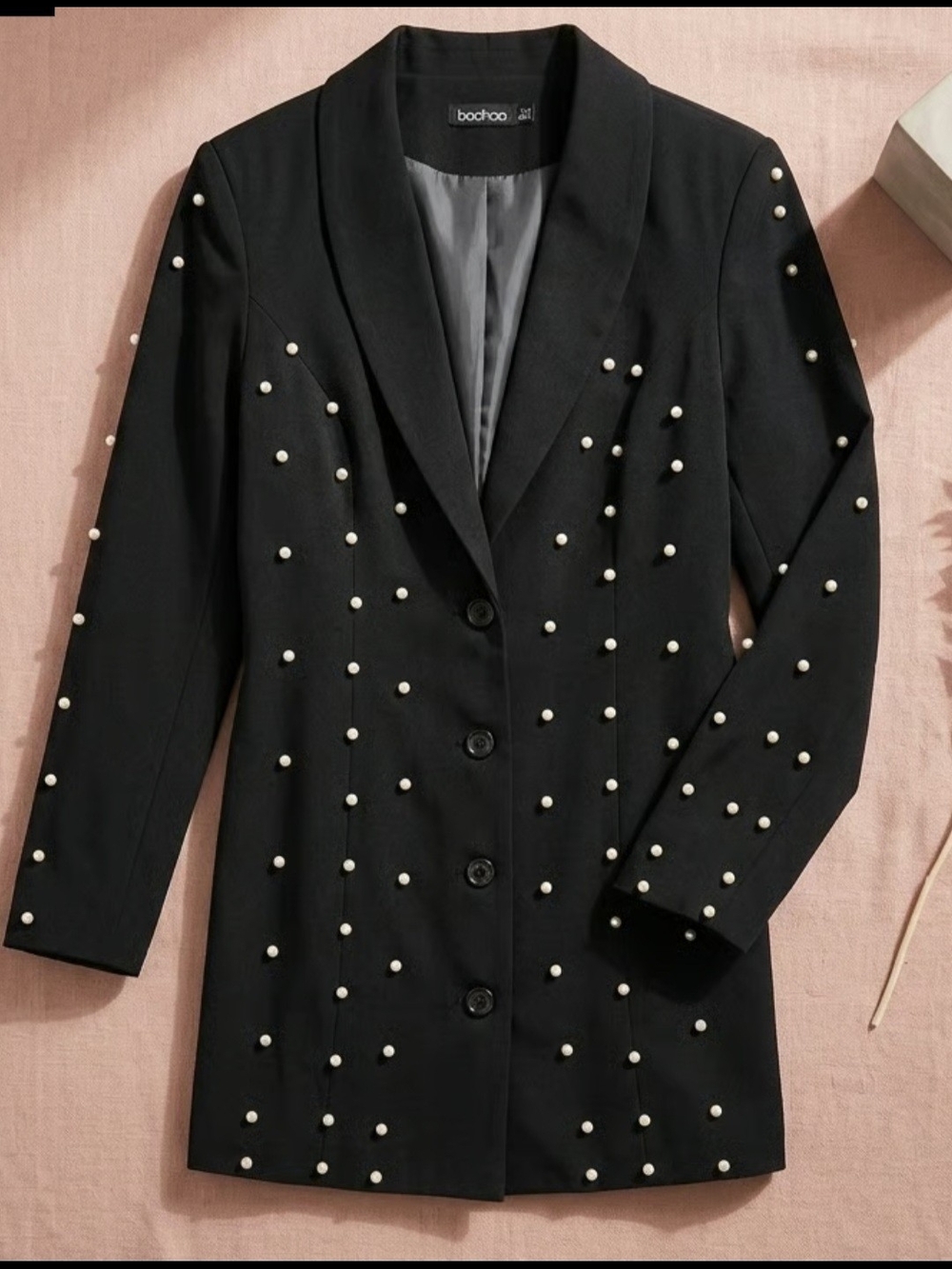 boohoo Black Pearl-Studded Longline Blazer - Picture 3 of 3